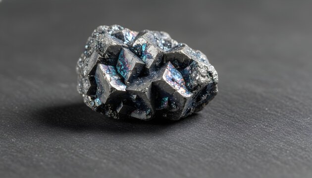 A detailed closeup of a rare metallic chalcocite ore specimen displaying iridescent blue and purple colors on a dark background for a geology research and wealth concept