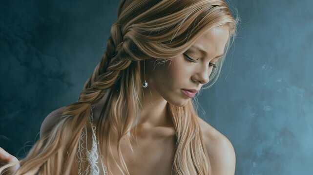A fair skinned, blonde haired woman holding a large section of her long, straight, light blonde hair in her left hand. 