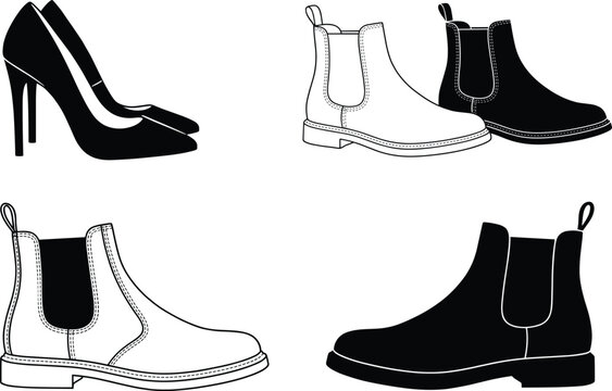 Vector illustration set of footwear styles featuring high heels and Chelsea boots in outline and silhouette for fashion design and apparel concepts