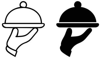 Fototapeta premium Hand holding cloche, serving dish silhouette food restaurant