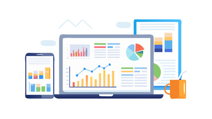 Obraz premium Business data analytics dashboard displayed on laptop and tablet with coffee and charts