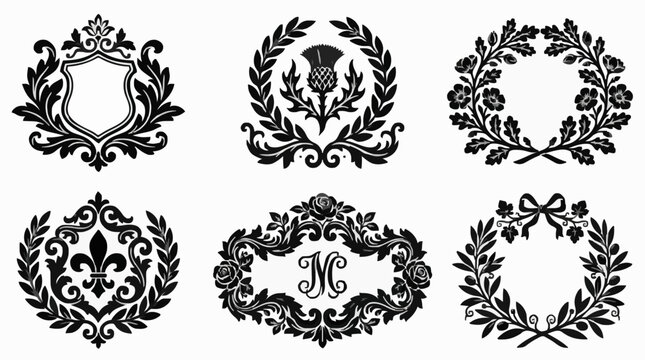 Premium royal botanical crests and heraldic shield frames with laurel wreaths, oak leaves, fleur-de-lis, monogram borders, and luxury emblems in vector silhouette.