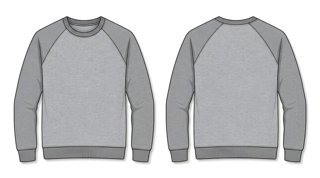 Technical sketch of a raglan sleeve sweatshirt, front and back view, grey color, flat fashion design, vector illustration