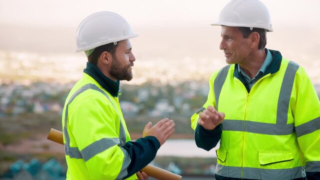 Men, architect or construction with discussion in city for building planning or development. Male people, civil engineer or team talking with smile or hard hat for industrial project together on site