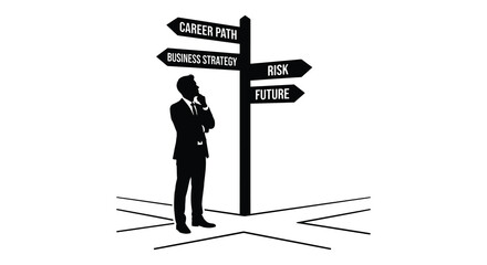 man at crossroads with decision signpost silhouette black white background © MdGolam