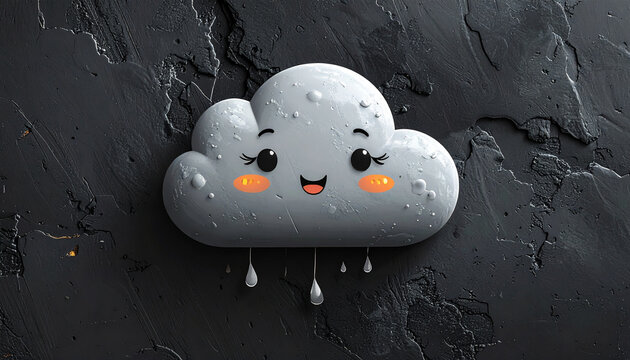 Cute cartoon cloud with smiling face and raindrops on wet surface