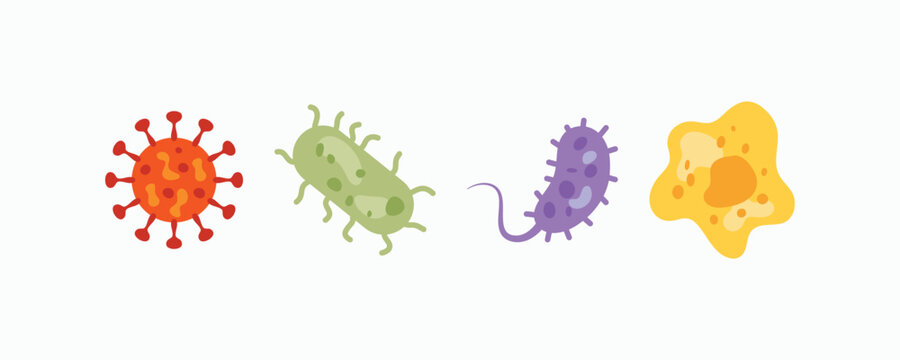 Four illustrated microorganisms on a clean white background. Each shape unique, bold, and colorfully designed. Stylized representation for science or educational purposes. Ideal for biology, health