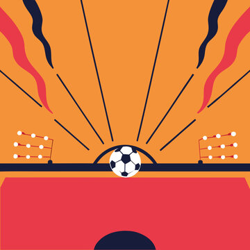 Soccer ball on a goal with fireworks celebration background