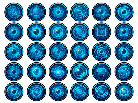 Collection of futuristic digital eye icons with technology and binary code elements