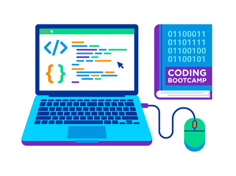 Laptop computer displaying code next to a book titled Coding Bootcamp with binary numbers