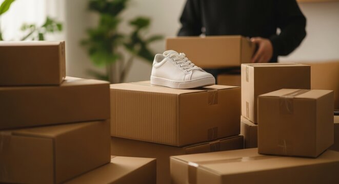 White sneaker on top of a stack of cardboard boxes in a room