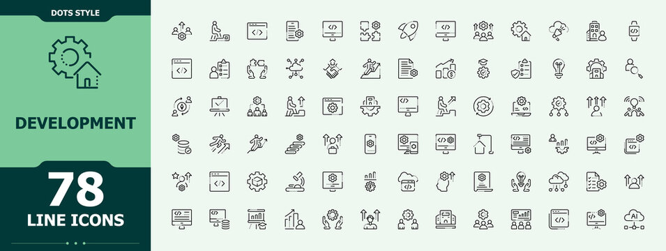 Development linear icon set. Thin line icons set. Related to business, process, expansion, challenge, management, evolution. Pixel perfect. Editable stroke. Innovation line icon set.