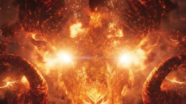 Fiery ram head silhouette formed by burning embers and glowing smoke, abstract supernatural animal energy in dark space.