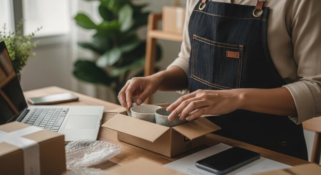 Small business owner packing ceramic mug for shipping online order fulfillment