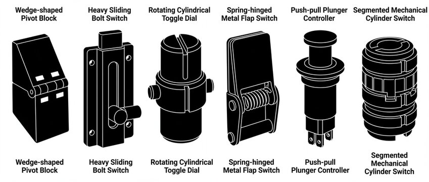 Industrial mechanical switch vector icon sets showing wedge pivot blocks, sliding bolt switches, rotating cylindrical toggle dials, spring flap switches, push plunger controller and segmented cylinder