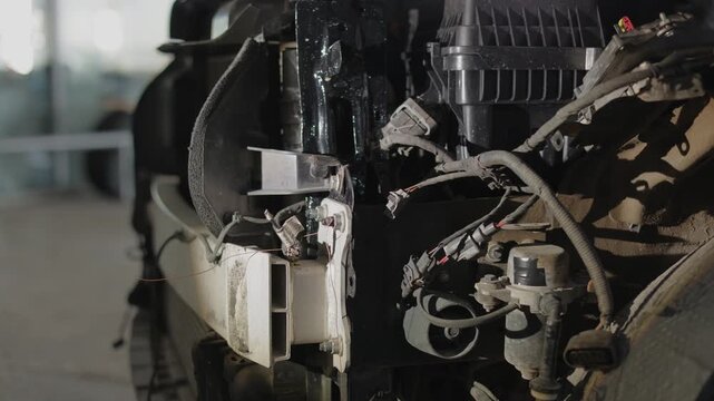This video shows the front end of a vehicle during a repair process at an auto service station.The front bumper has been completely removed to expose the inner mechanical and structural parts.