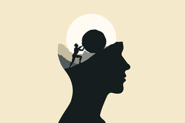Sisyphus Struggle with Hard Work, Progress and Victory Concept Illustration © Snezana