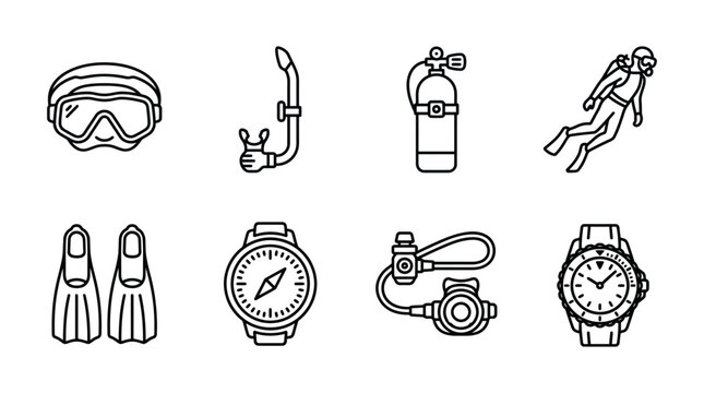Vector graphic illustration of scuba diving equipment and a diver exploring the underwater world