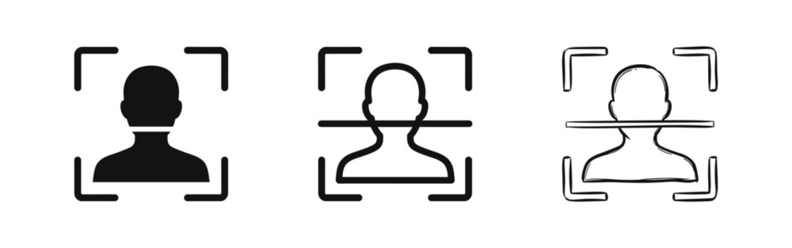 Facial Recognition Icon Set, Face ID Scan Biometrics, Digital Security and Privacy Symbols