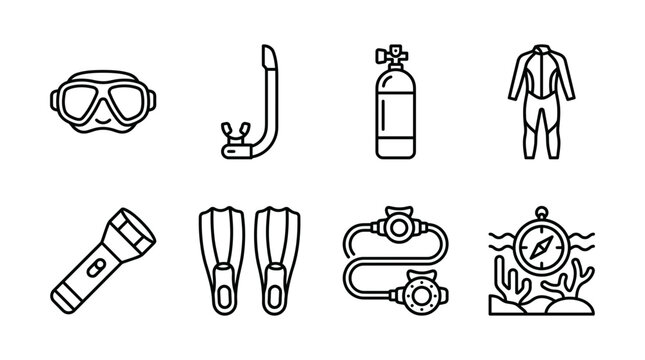 Collection of diving equipment vector graphic icons for underwater exploration and adventure activities