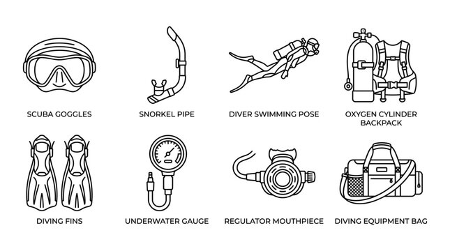 Collection of line art vector illustrations depicting essential scuba diving equipment and a diver in action