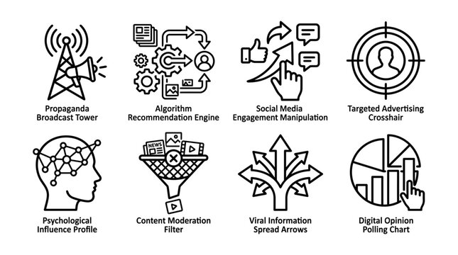 Collection of modern vector graphic icons illustrating digital marketing and social media concepts