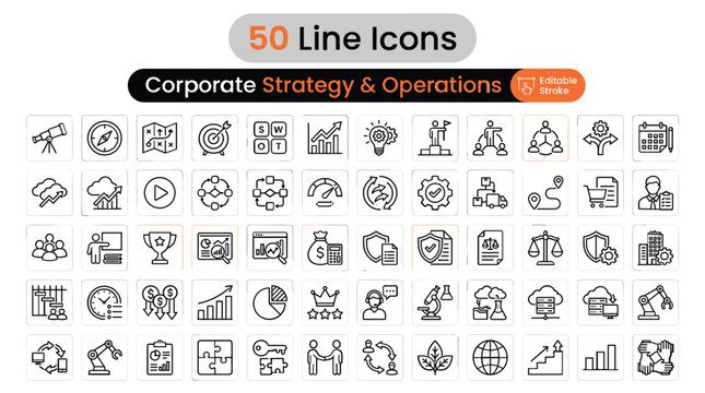 Corporate strategy and operations icon set, 50 line icons for business management, editable stroke vector graphics for professional presentations