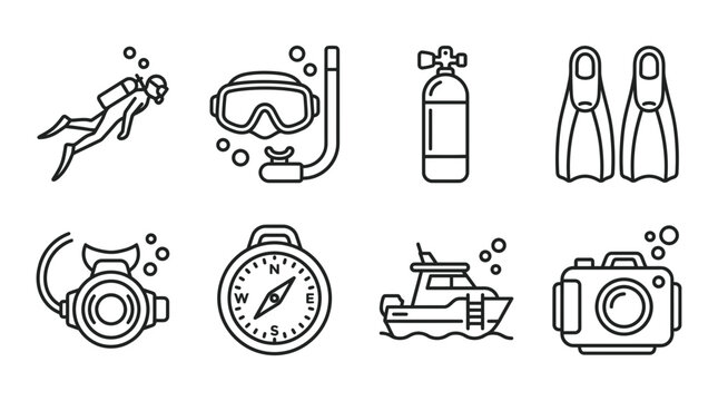 A clean vector illustration set featuring scuba diving equipment and a boat for underwater exploration