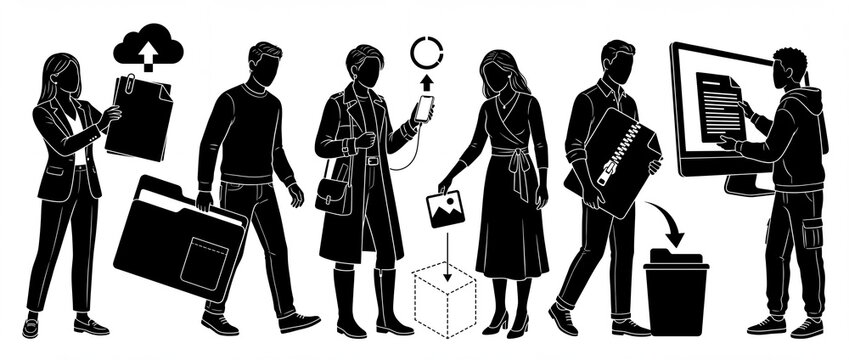 Data management silhouette people vector set organizing digital files, featuring cloud backup, file transfer, compression zipping, drag and drop, and trash deletion icons in black and white styles.