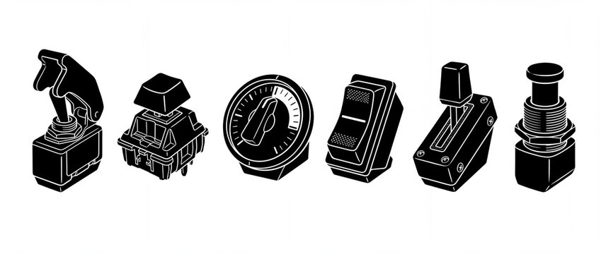 Electronic switch vector icon set, black and white minimal line art depicting industrial toggle, mechanical keycap, rocker, rotary dial, slider, and push button controls isolated on white background