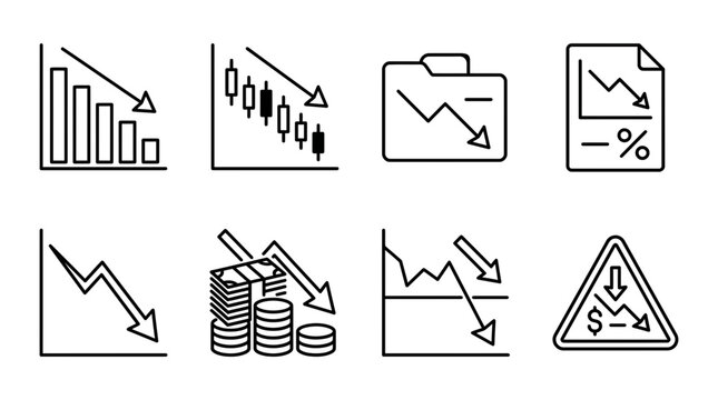 Collection of vector graphic illustrations depicting financial charts and downward trend indicators