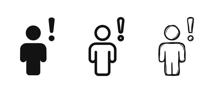 Person with Exclamation Mark Warning Icon Set in Solid Outline and Hand Drawn Styles