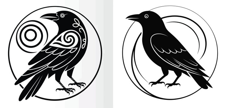 Set of two elegant circular icons featuring black raven silhouettes, one with Celtic-inspired tribal patterns and one minimalist style.