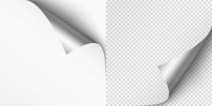 Curled page corner isolated on transparent and white background. Blank curve paper edge, bent sheet, note angle with realistic shadow. Vector rolled up stickers, peel banners