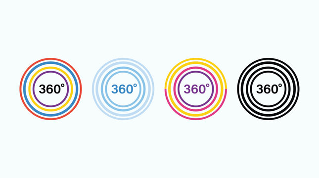 360 degree panoramic view icons, set of four circular virtual reality symbols, colorful 360 degree rotation badges for interactive media