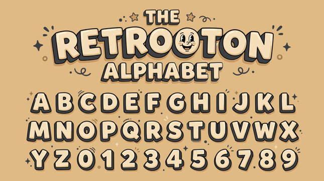 Retro cartoon alphabet vector set, vintage rubber hose style font with numbers, 1930s animation inspired typography for poster design