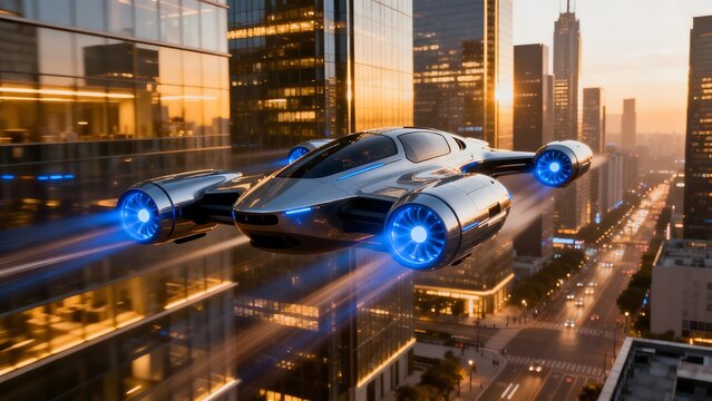 Futuristic flying vehicle in city