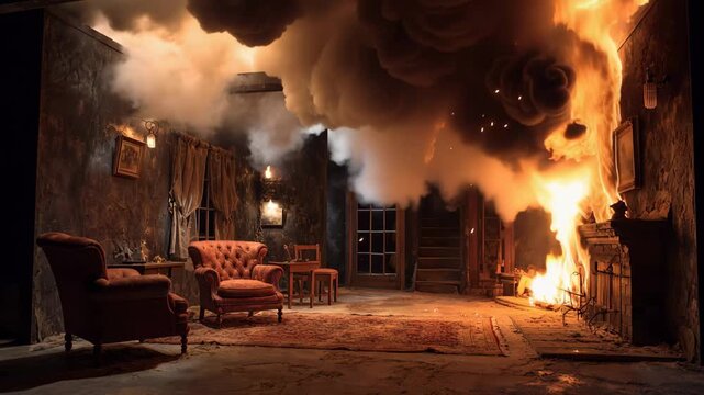Flames engulf a room as fire spreads rapidly and smoke fills the air during a dramatic scene at an abandoned house