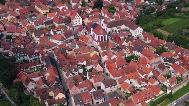  An Aerial view around the old town beside the city Dettelbach in south Germany on a sunny spring day