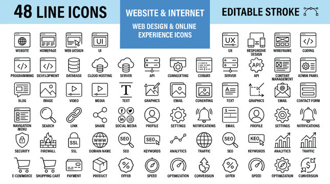 Minimalist website and internet line icons, set of 48 web design and online experience vector symbols, editable stroke UI UX interface elements