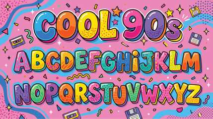Retro 90s alphabet vector set, colorful bubble font with comic book style, nostalgic pop art typography for posters and party invitations © Iconify Studio