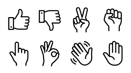 Obraz premium Minimalist hand gesture line icons, set of 8 black outline hand signs, thumbs up and ok symbol vector, human palm and finger communication graphics