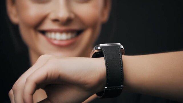 Elegant Woman's Hand Wearing Modern Smartwatch with Smiling Face in Blurred Background, Professional Full HD Technology Lifestyle Video