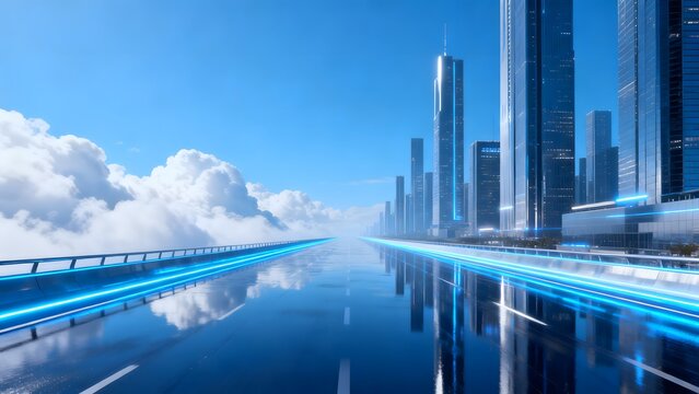 Futuristic city highway with skyscrapers