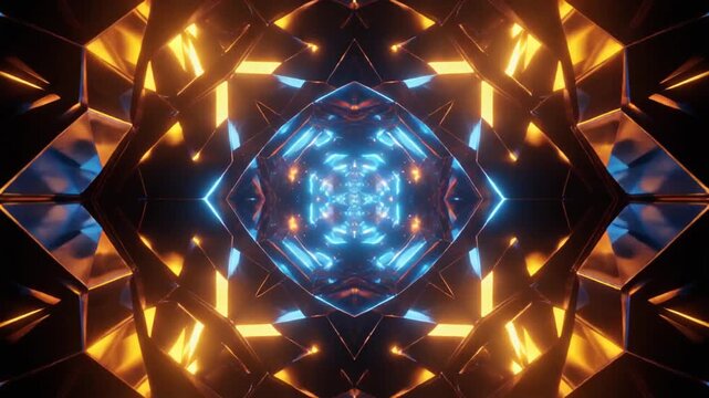 Futuristic Seamless Loop of Pulsating Geometric Crystal Tunnel with Blue and Orange Glowing Energy Lights, Cinematic 1080p Full HD Motion Background