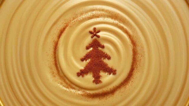 Seamless Looping Animation of a Golden Creamy Liquid Swirling Surface with a Festive Christmas Tree Formed by Cinnamon Spice, Perfect Holiday Food Background 1080p Full HD