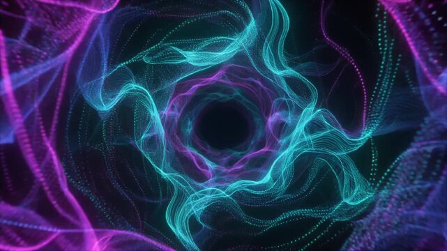 Seamless Loop of Dolly Zoom into Abstract Swirling Particle Tunnel, Vibrant Electric Cyan and Magenta Glowing Wavy Lines, Futuristic Full HD Motion Background