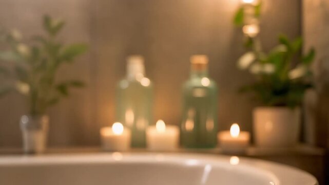 Seamless Looping Motion Background of a Cozy Spa-like Bathroom with Flickering Candles and Green Plants for Relaxation and Self-Care, Full HD Video