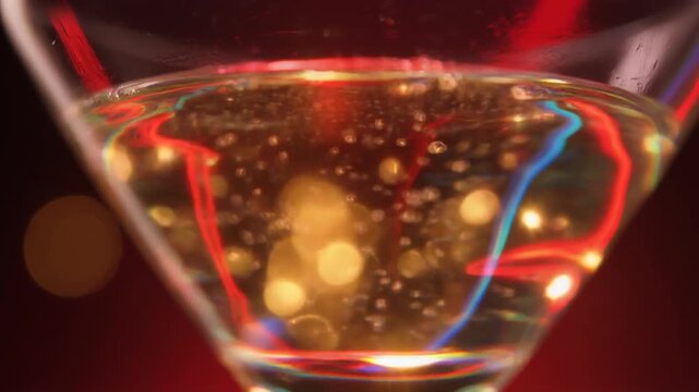 Cinematic Full HD Seamless Loop of Blurred Festive Cocktail Glass with Sparkling Bubbles and Dynamic Neon Lights, Abstract Motion Background