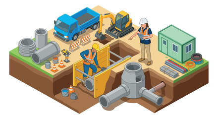 Construction Site Isometric Illustration With Workers And Machinery © MITHUN
